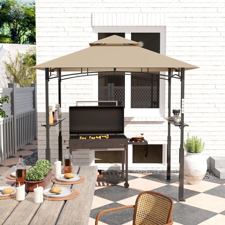 Outdoor grill gazebo with khaki canopy and black frame, grill and side storage shelf