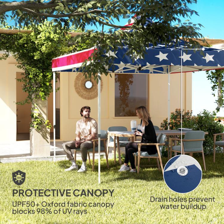 American flag pop-up canopy tent with gray sidewalls over a seating area