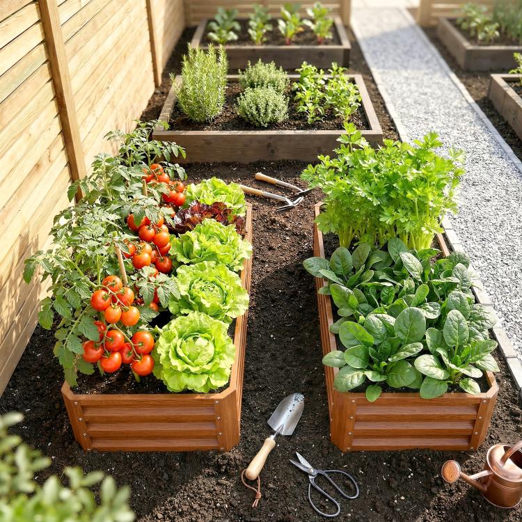 Brown raised garden planter bed with soil and leafy plants, herbs and tomatoes