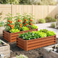 Brown wooden raised garden bed set with vegetables and leafy greens growing inside
