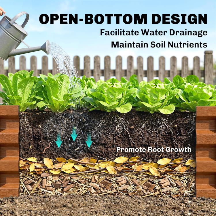 Open-bottom garden bed cross-section illustration with soil layers and watering stream