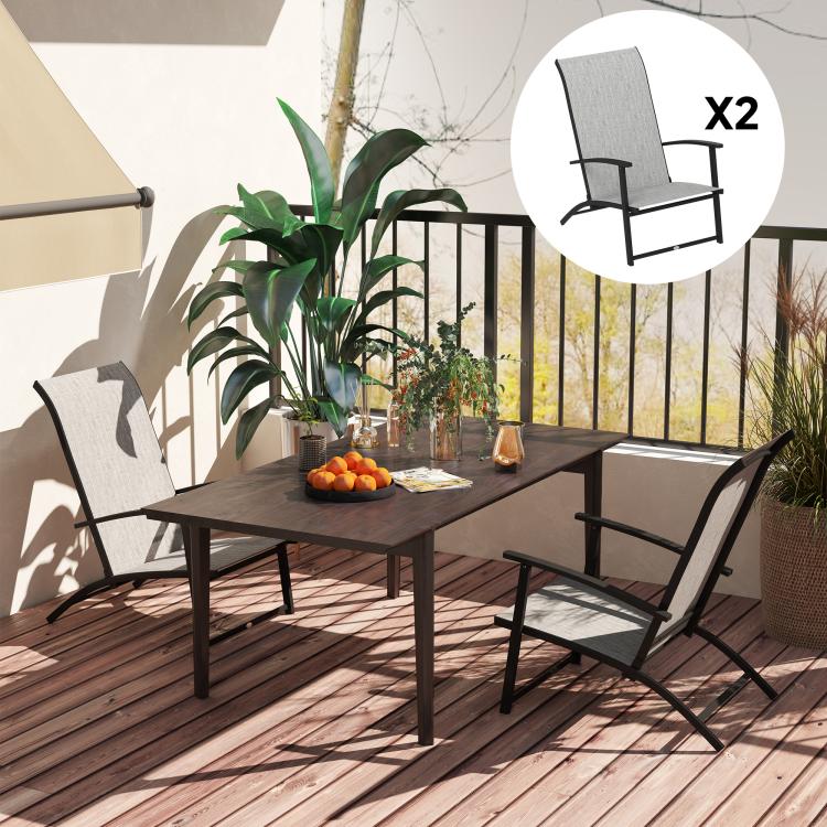 Set of 2 folding dining chairs with high backs, gray fabric, armrests