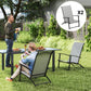 Folding high-back patio chair with armrests; gray mesh-style fabric back and black steel frame