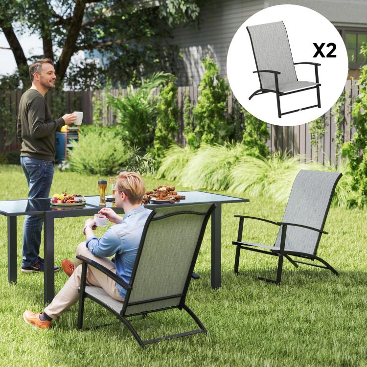 Folding high-back patio chair with armrests; gray mesh-style fabric back and black steel frame