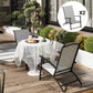 Set of 2 high-back folding patio chairs with armrests; gray upholstery and black frames