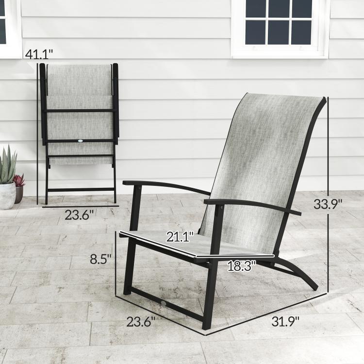 Single folding high-back patio chair with armrests; gray fabric seat/back and black frame