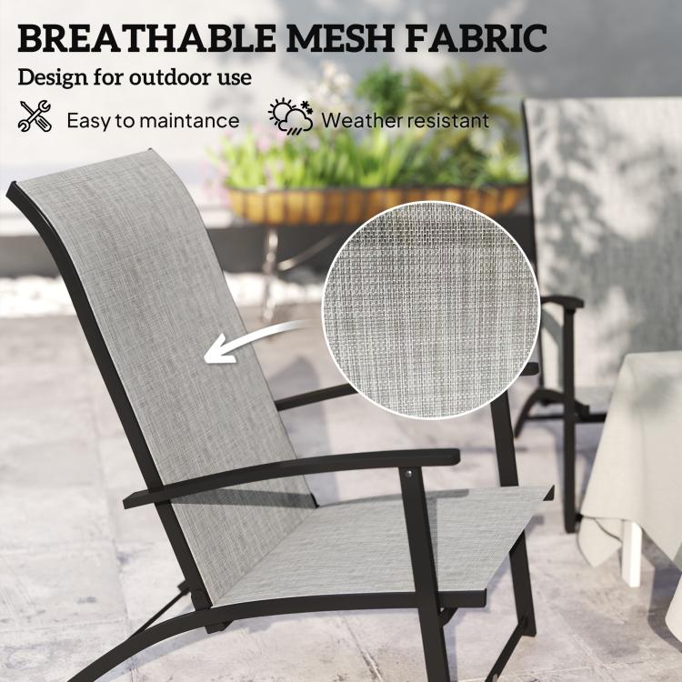 Gray high-back folding patio chair with armrests and breathable mesh-style fabric; black frame