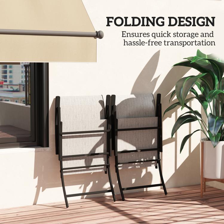 Set of 2 folding high-back patio chairs with armrests; gray fabric and black metal frame
