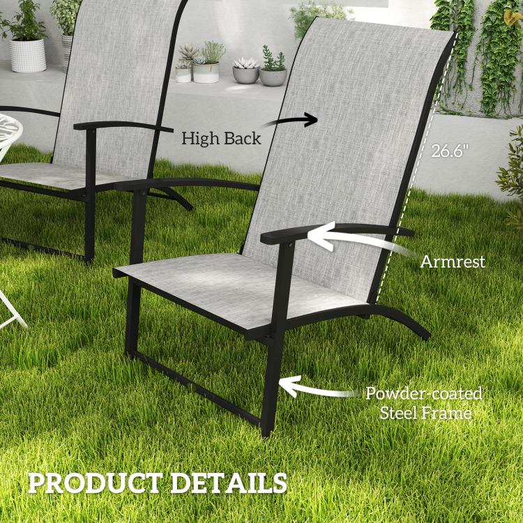High-back folding patio chair with armrest; gray fabric backrest and black steel frame