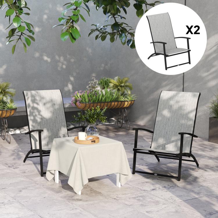 Set of 2 folding high-back outdoor chairs with armrests; gray fabric panels and black frames