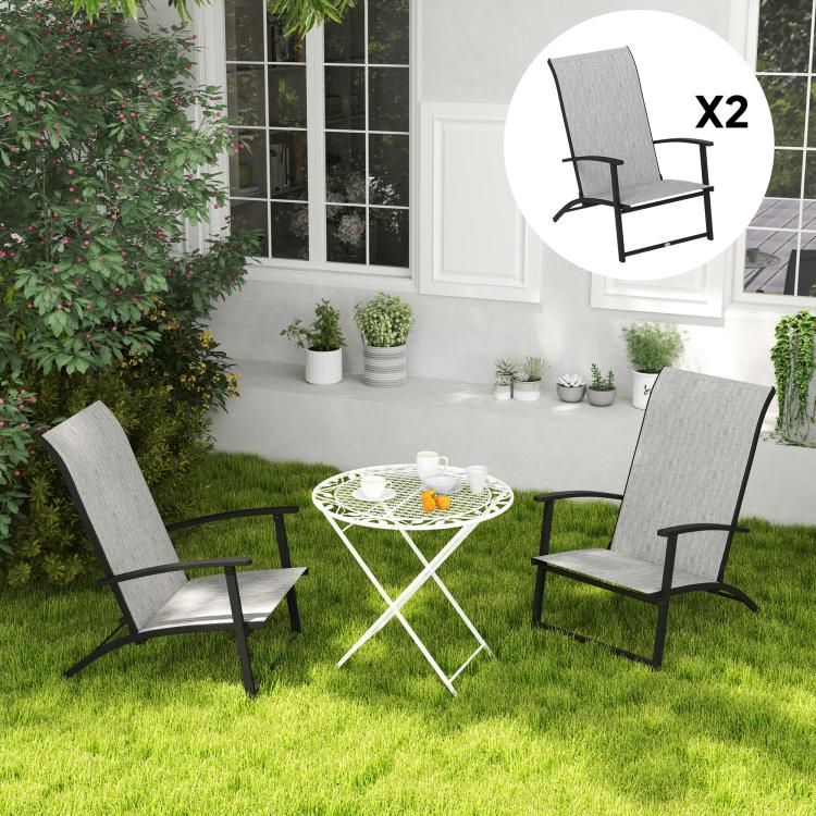 Set of 2 folding high-back patio chairs with armrests; gray seats and black frames