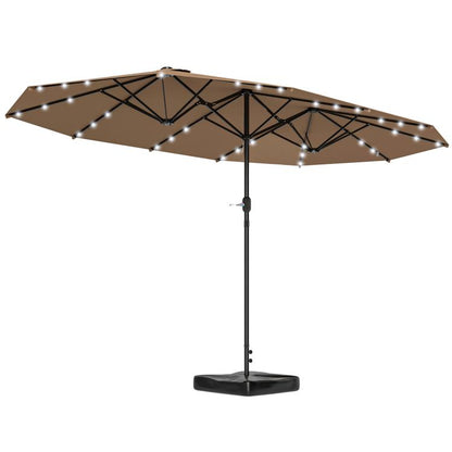 Khaki double-sided patio umbrella with LED light string and central stand