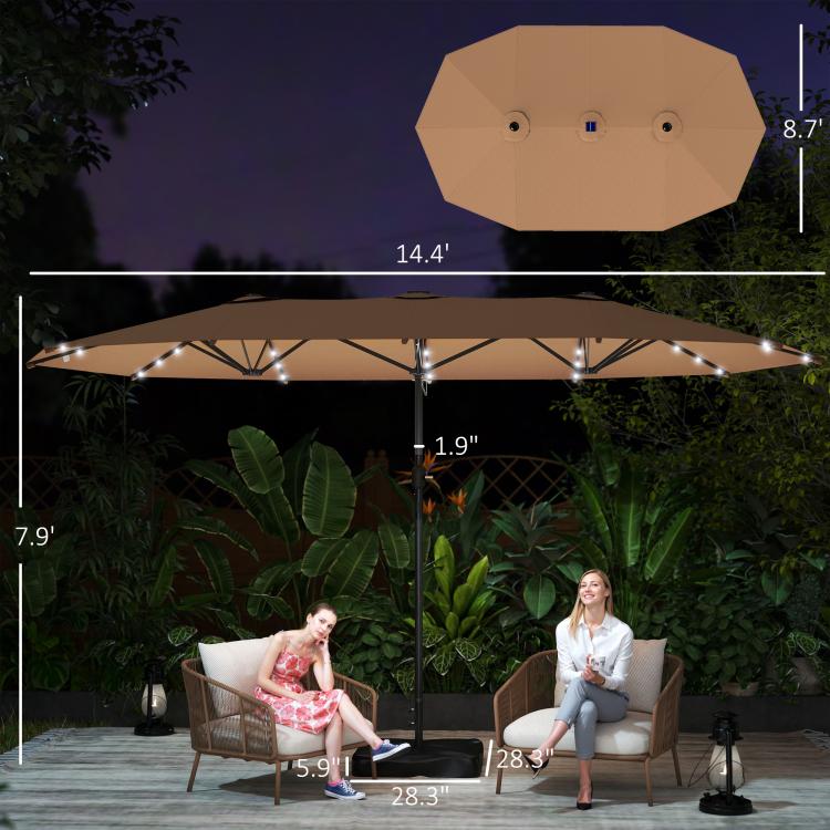 Khaki double-sided patio umbrella canopy with LED lights over outdoor seating