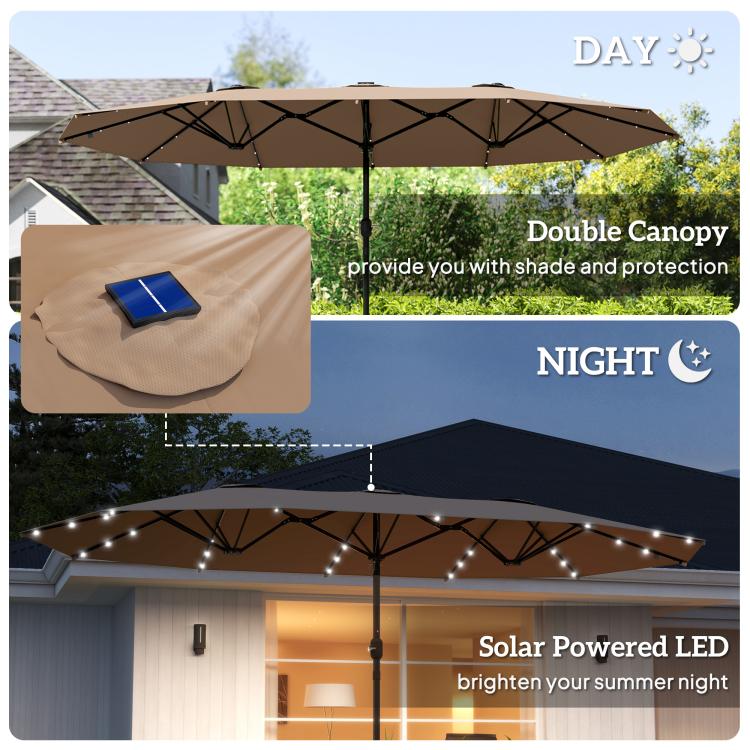 Khaki patio umbrella with solar-powered LED setup and day-night feature graphics