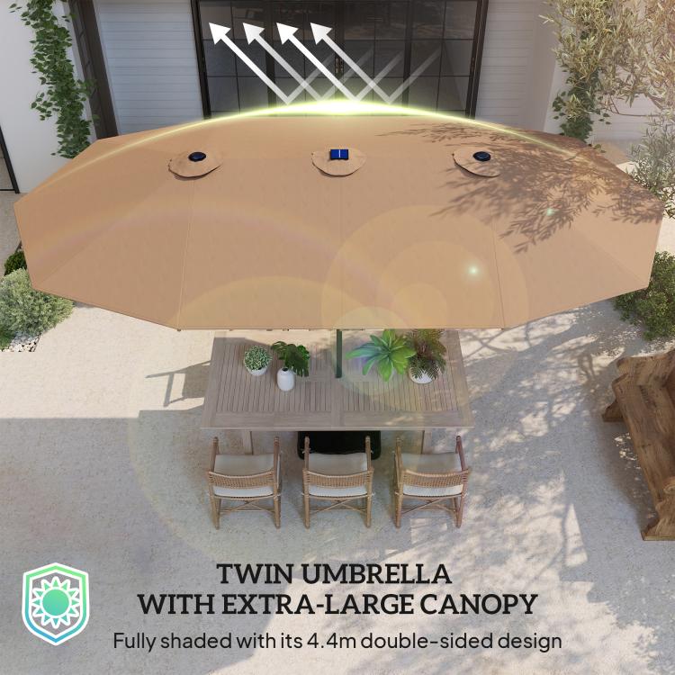 Khaki twin patio umbrellas with extra-large double-sided canopy over patio chairs