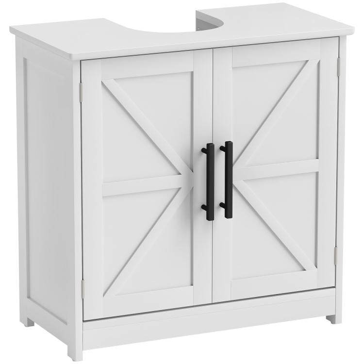White farmhouse-style bathroom sink storage cabinet with double barn doors and black handles