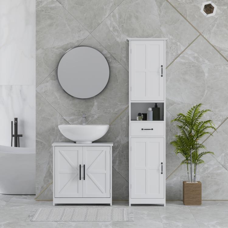 White bathroom sink storage cabinet with two barn doors and adjustable interior shelf