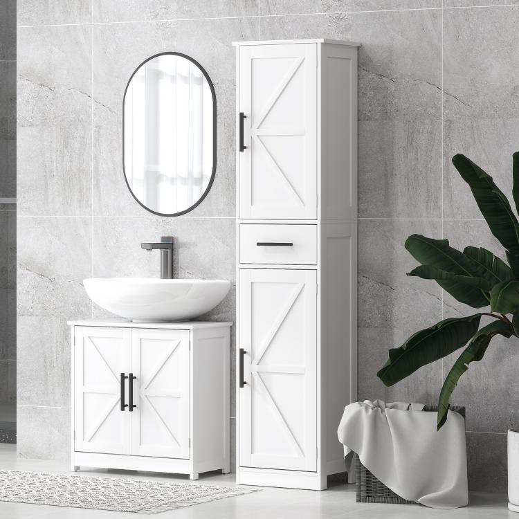 White bathroom sink cabinet with barn-style doors, black hardware, and built-in shelving
