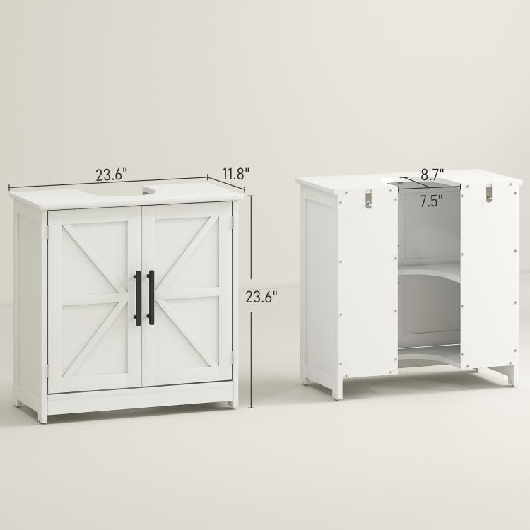 White bathroom sink storage cabinet with barn doors; side and open interior view
