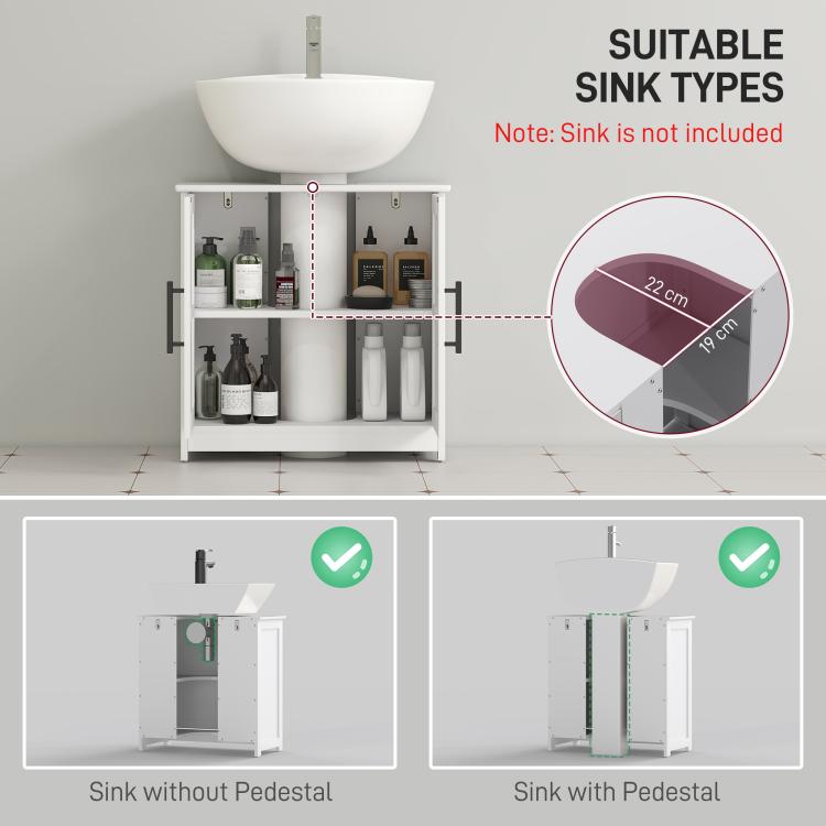 White bathroom cabinet showing open shelves for sink storage; sink not included