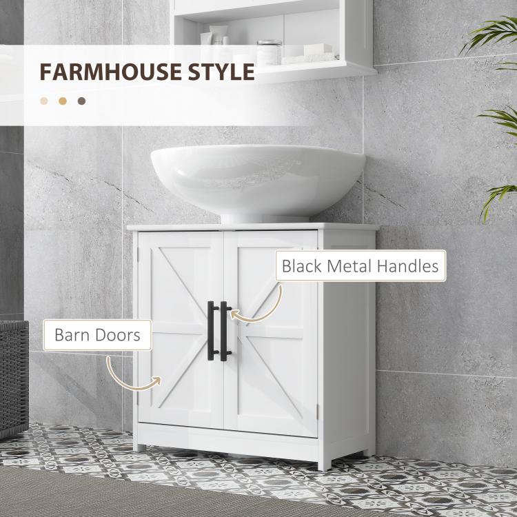 White farmhouse bathroom cabinet with barn doors and black metal handles