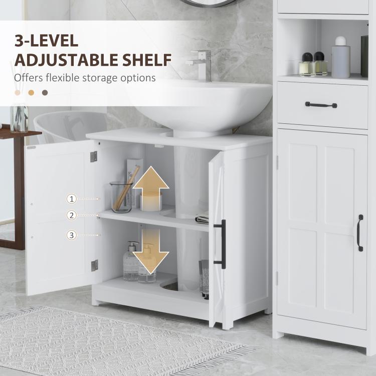 White sink storage cabinet with barn doors and adjustable 3-level open shelves
