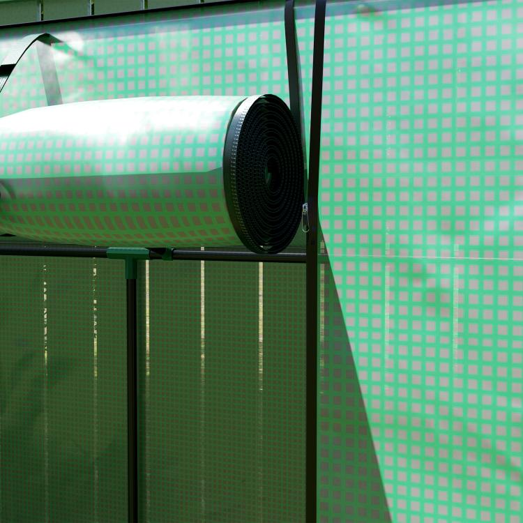 Small outdoor portable greenhouse frame with rolled green UV cover