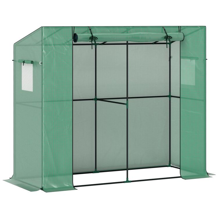 Small walk-in greenhouse with green UV PE cover and black metal frame