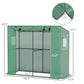 Green portable greenhouse size diagram showing overall dimensions and frame