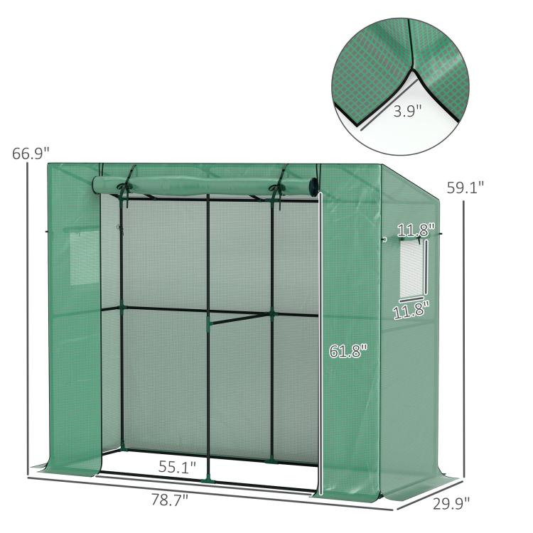 Green portable greenhouse size diagram showing overall dimensions and frame