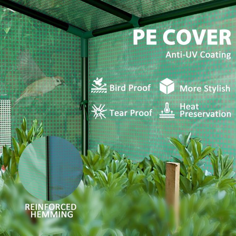 Green PE cover greenhouse interior with reinforced hem and clear side mesh