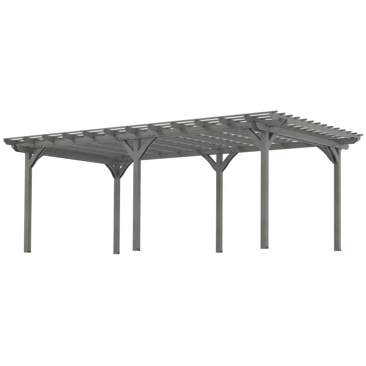 Gray pergola top frame with evenly spaced beams and open slatted roof