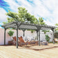 Gray outdoor pergola over patio with trellis canopy and four support posts