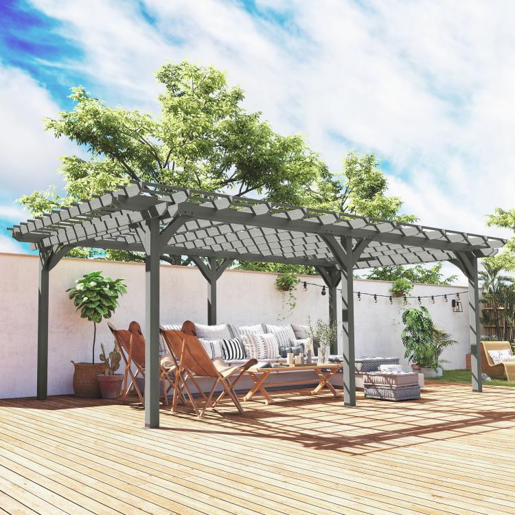 Gray outdoor pergola over patio with trellis canopy and four support posts