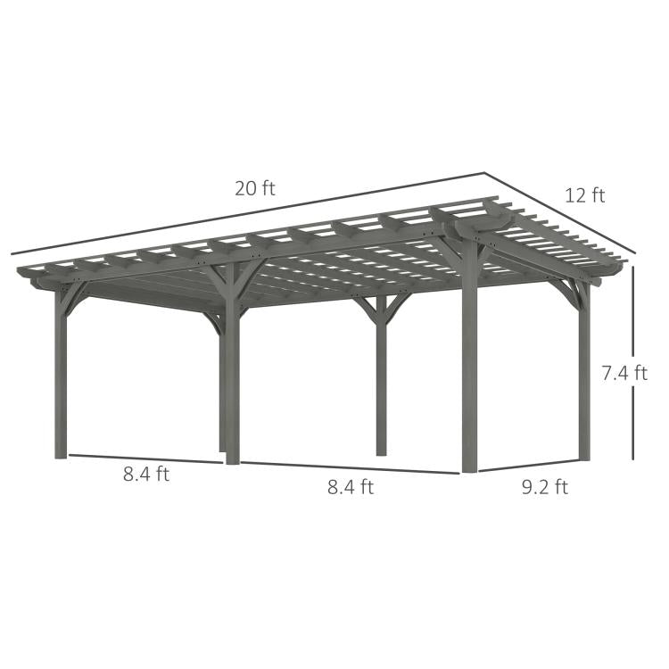 Gray pergola with dimensions: 12 x 20 ft, supported by four posts