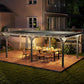 Gray outdoor pergola with slatted roof over dining set at night