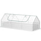White raised metal planter bed with clear mini greenhouse cover, side view