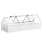 Mini greenhouse cover over white metal planter box with clear lid and arched frame
