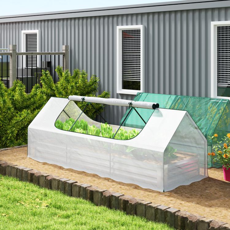 White galvanized raised garden bed with clear mini greenhouse cover outdoors