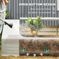 White raised planter with clear greenhouse cover, open-bottom design cross-section
