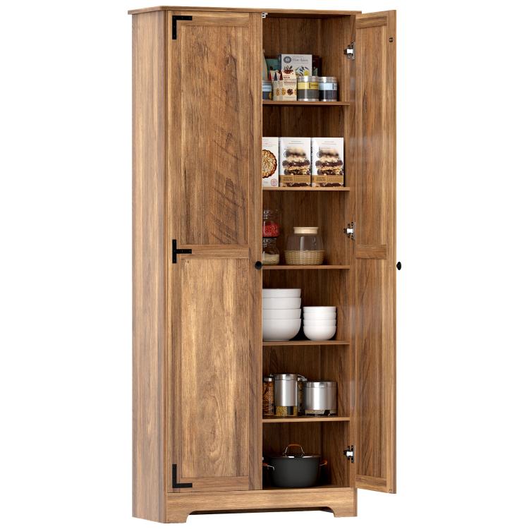 Brown freestanding pantry cabinet with open doors and multiple interior shelves