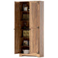 Brown pantry cabinet with fully open doors showing shelves with stored items