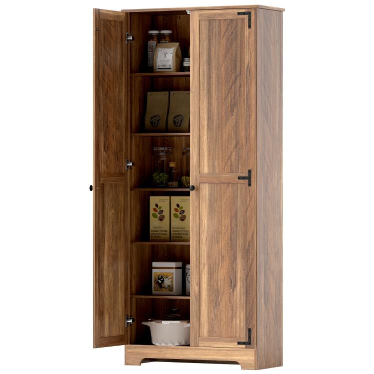 Brown pantry cabinet with fully open doors showing shelves with stored items