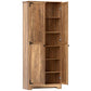 Freestanding brown pantry cabinet with open doors and adjustable interior shelves