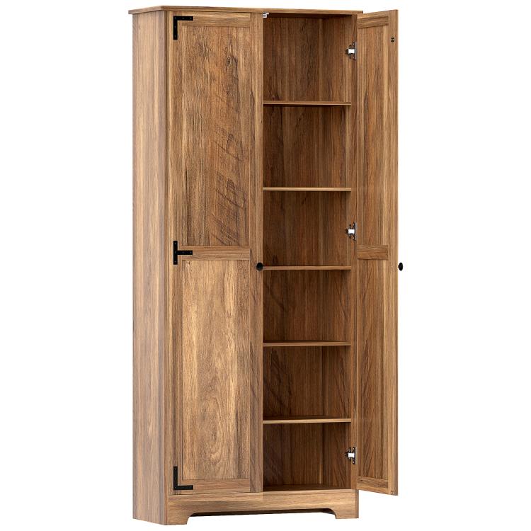 Freestanding brown pantry cabinet with open doors and adjustable interior shelves