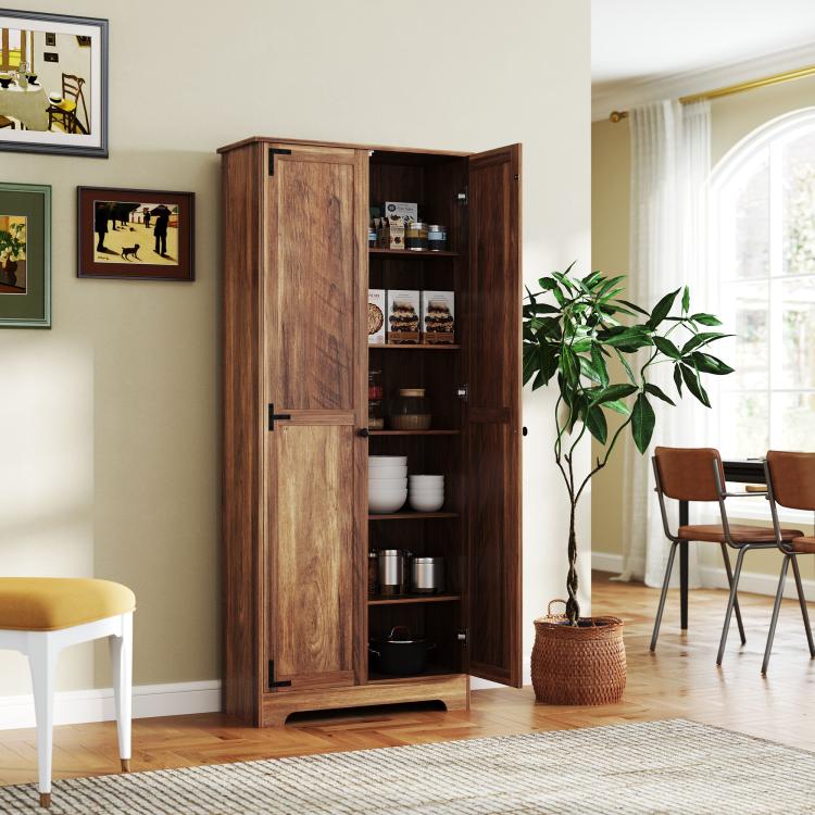 Freestanding brown pantry cabinet with open doors and adjustable interior shelving
