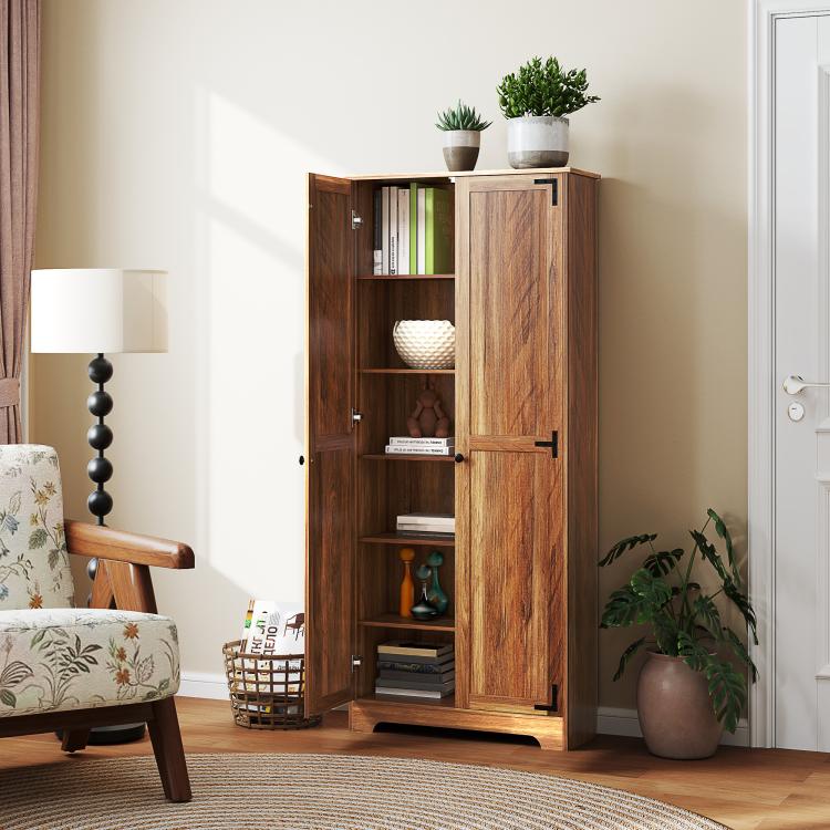 Brown farmhouse pantry cabinet with open doors and tiered shelves for storage
