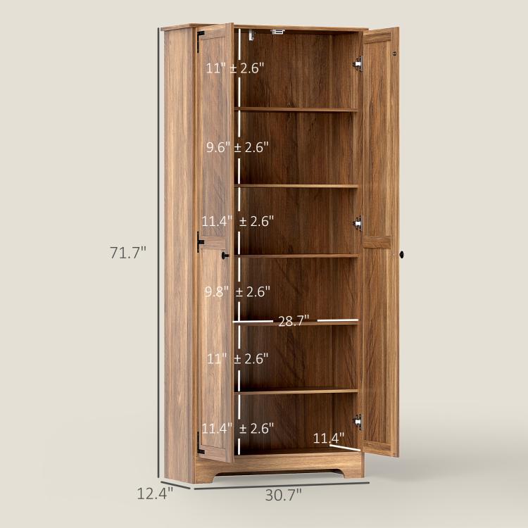 Brown pantry cabinet dimensions view with open door and adjustable shelving