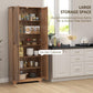 Brown pantry cabinet with open doors displaying six levels of shelf storage