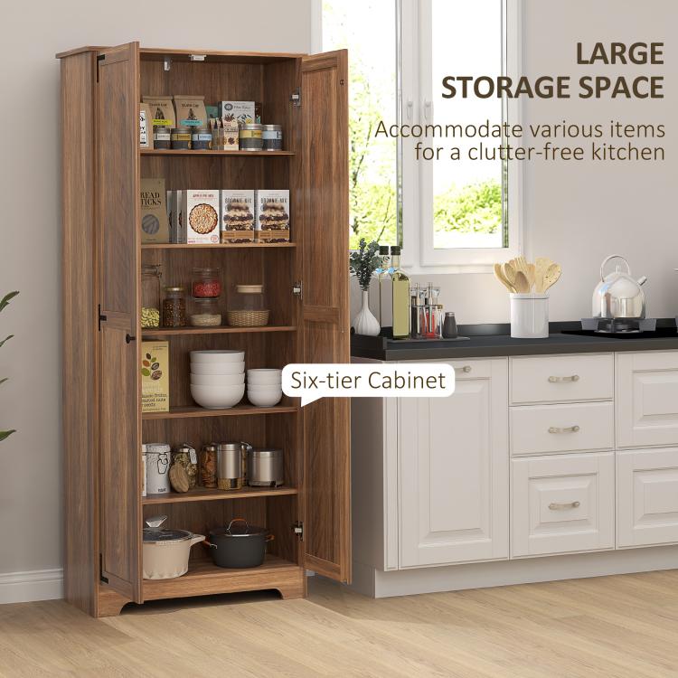 Brown pantry cabinet with open doors displaying six levels of shelf storage